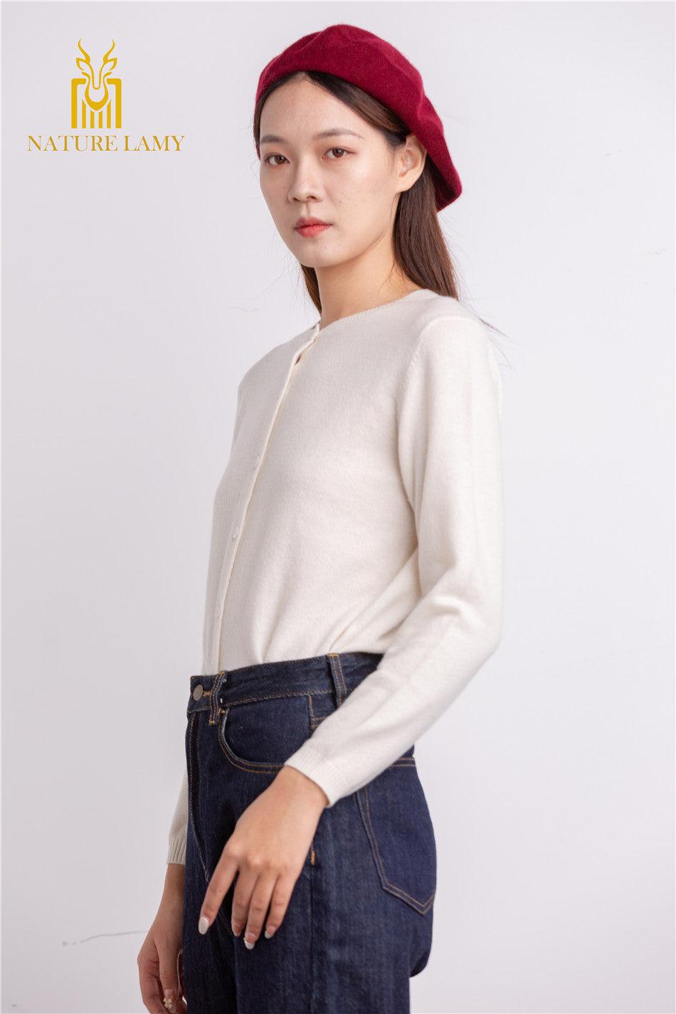 nature white color with good quality and supplier pure cashmere knitted women's cardigan - Lamycashmere