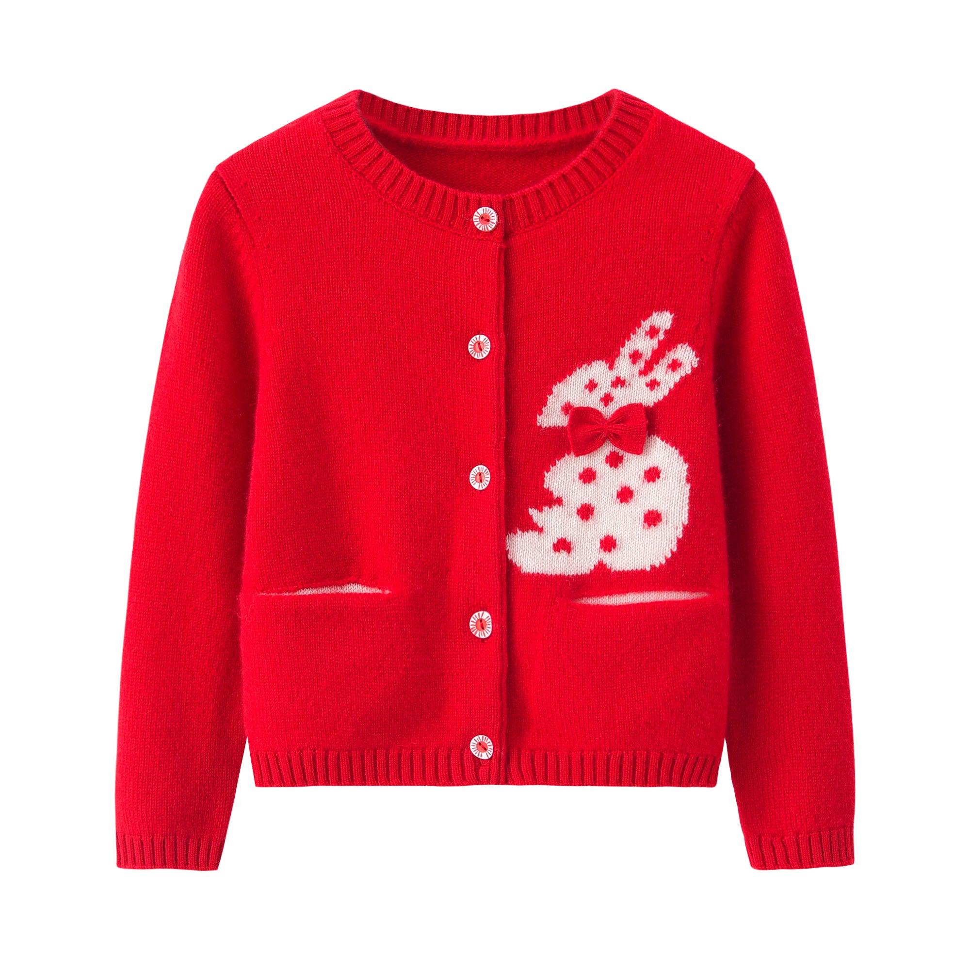 New Year and Christmas soft and warmly style for girls pure cashmere knitted cardigan with button jacquard rabbit patten - Lamycashmere