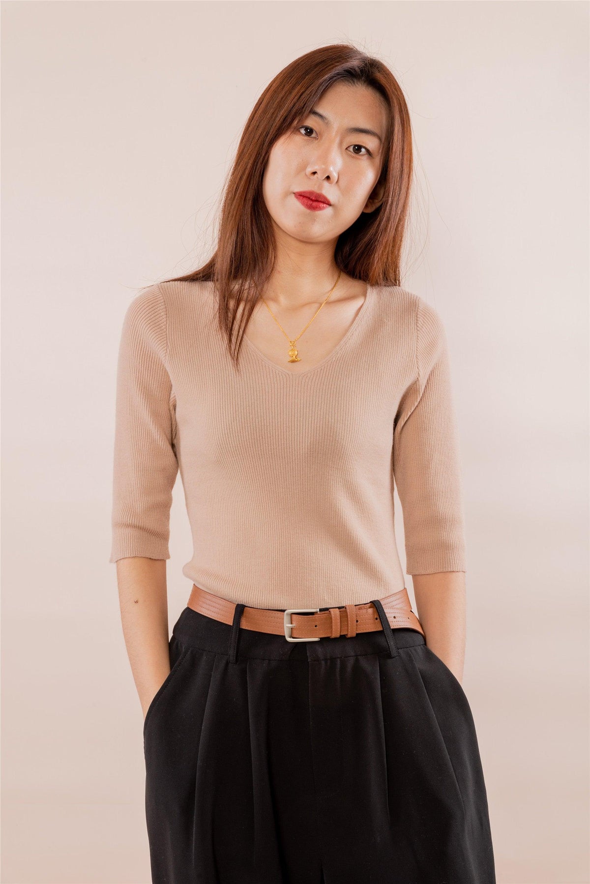 Popular style of pure cashmere worsted knitted V-neck 5/5 half sleeve S/S collection for lady's pullover - Lamycashmere