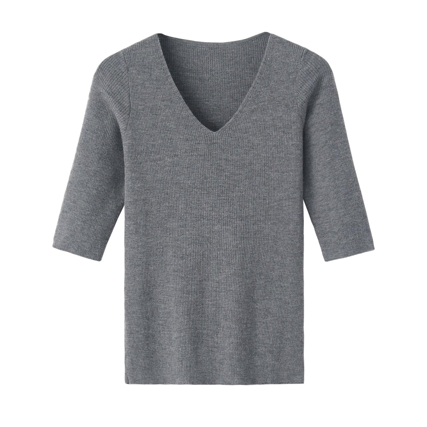 Popular style of pure cashmere worsted knitted V-neck 5/5 half sleeve S/S collection for lady's pullover - Lamycashmere