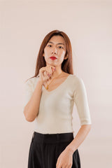 Popular style of pure cashmere worsted knitted V-neck 5/5 half sleeve S/S collection for lady's pullover - Lamycashmere