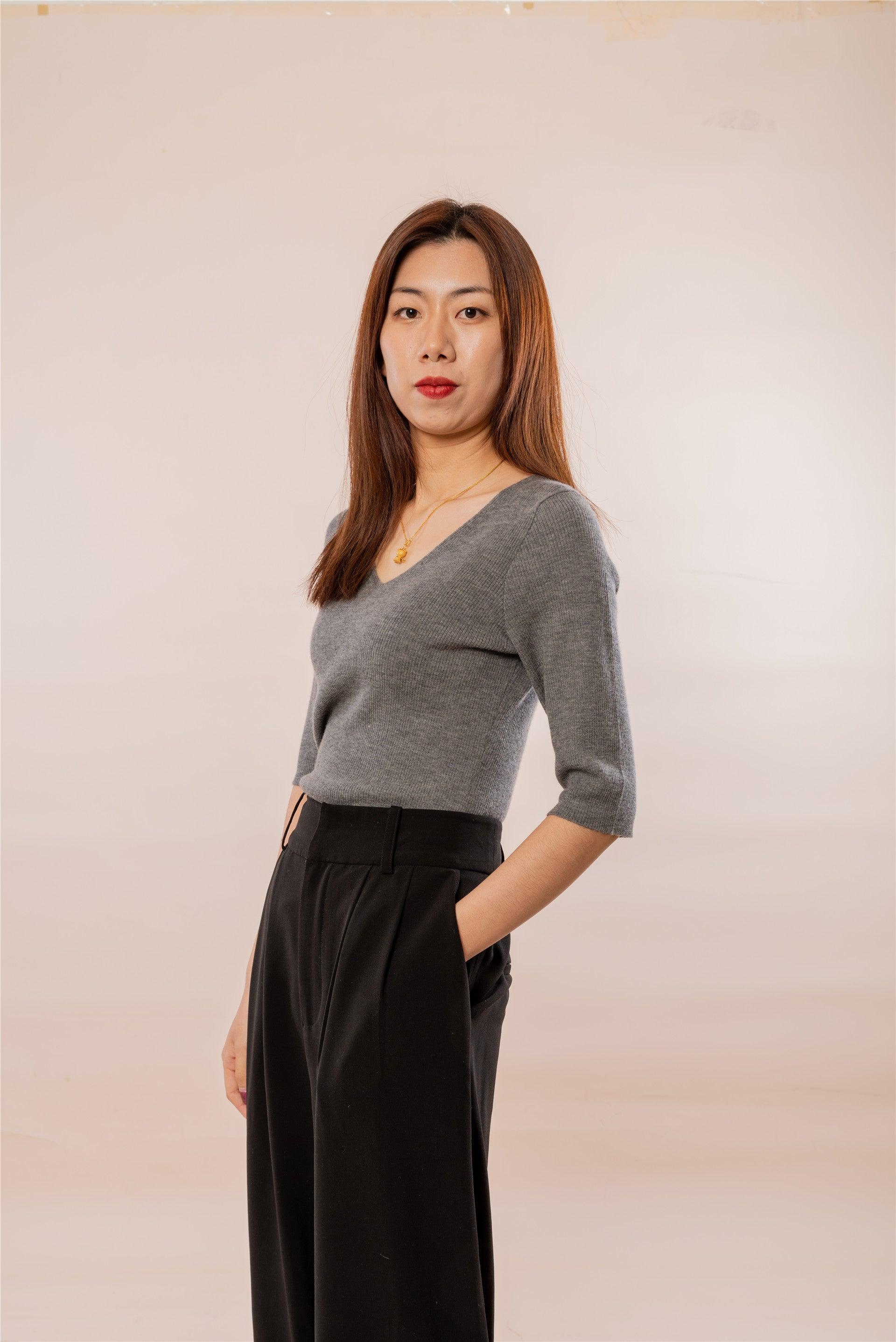 Popular style of pure cashmere worsted knitted V-neck 5/5 half sleeve S/S collection for lady's pullover - Lamycashmere