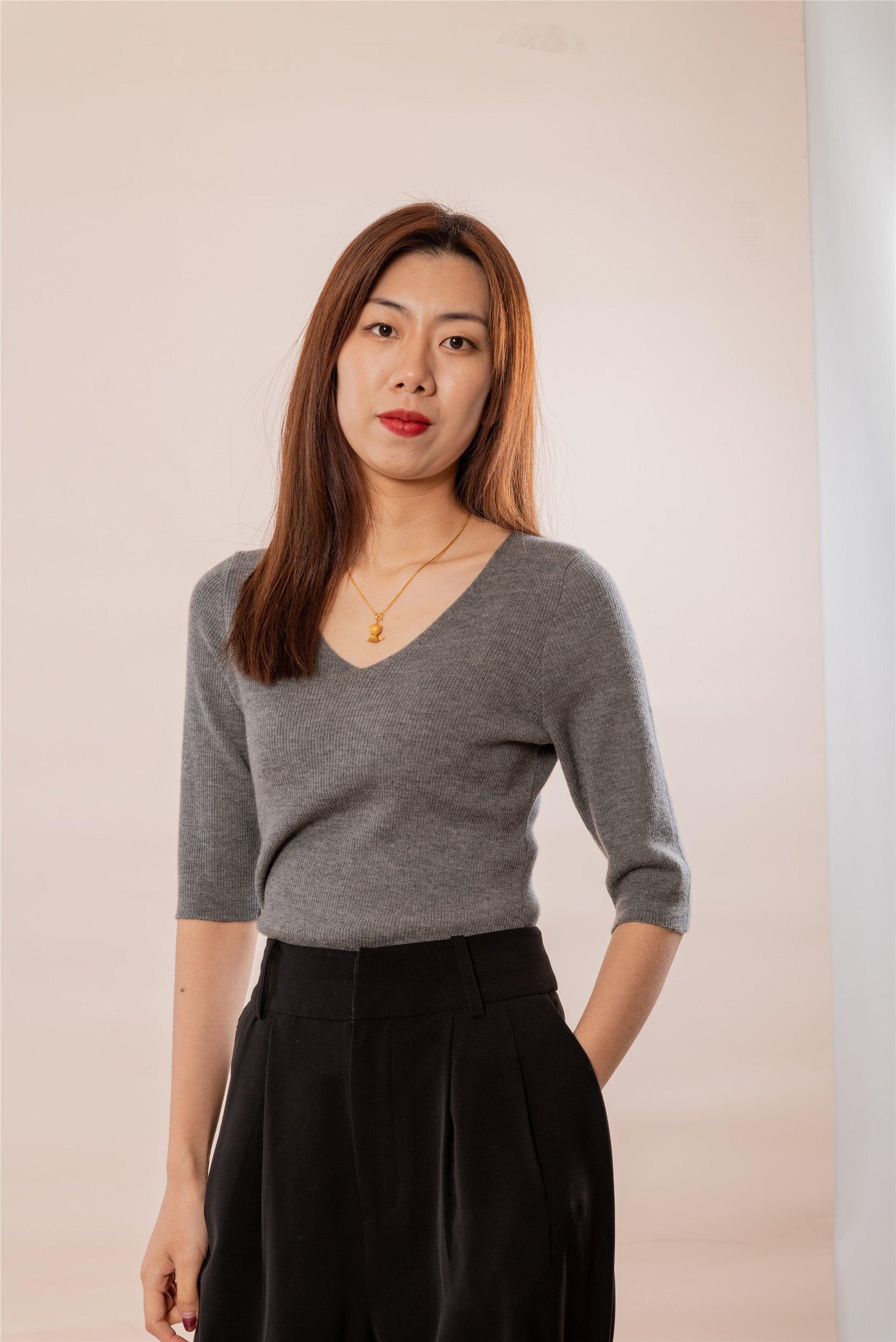 Popular style of pure cashmere worsted knitted V-neck 5/5 half sleeve S/S collection for lady's pullover - Lamycashmere