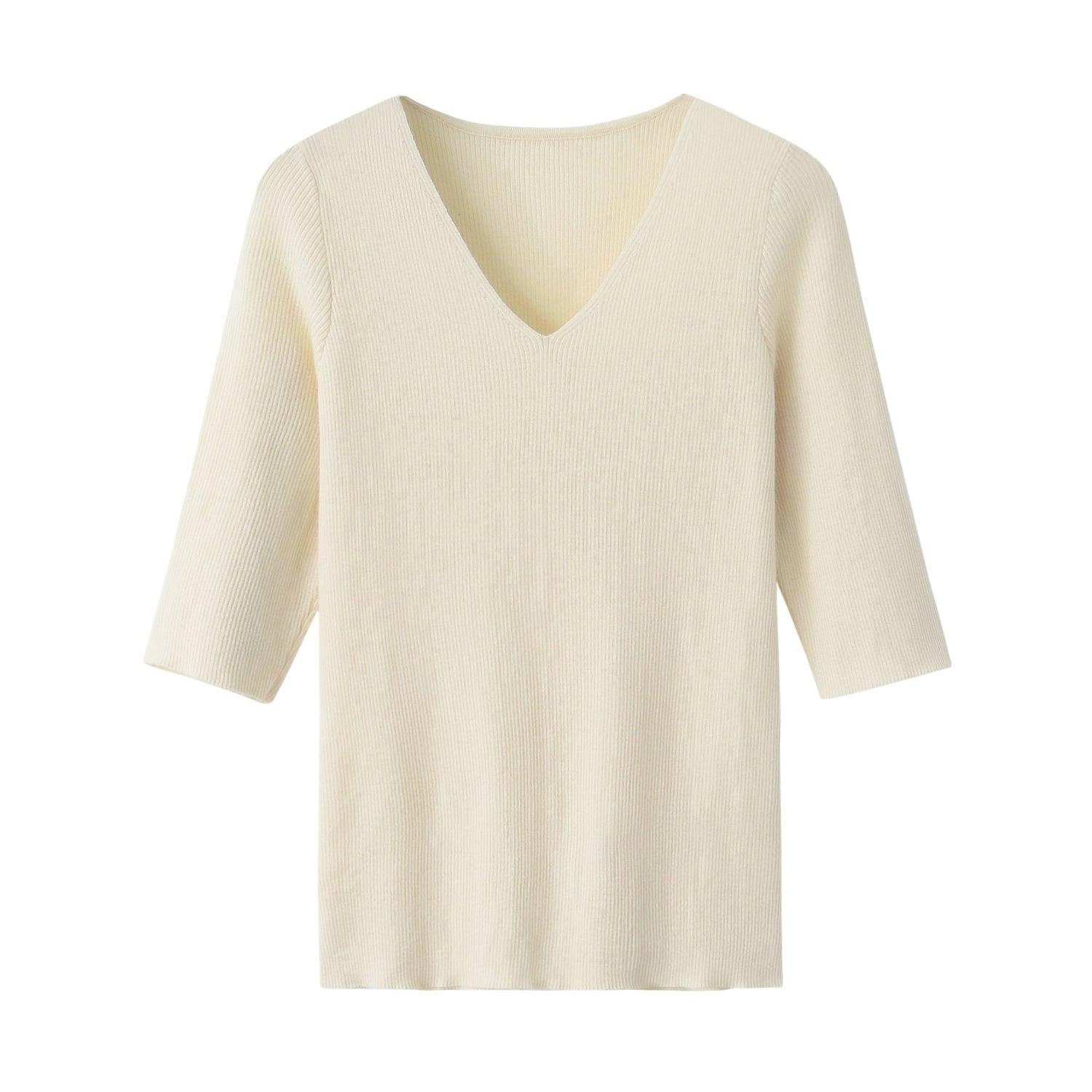 Popular style of pure cashmere worsted knitted V-neck 5/5 half sleeve S/S collection for lady's pullover - Lamycashmere