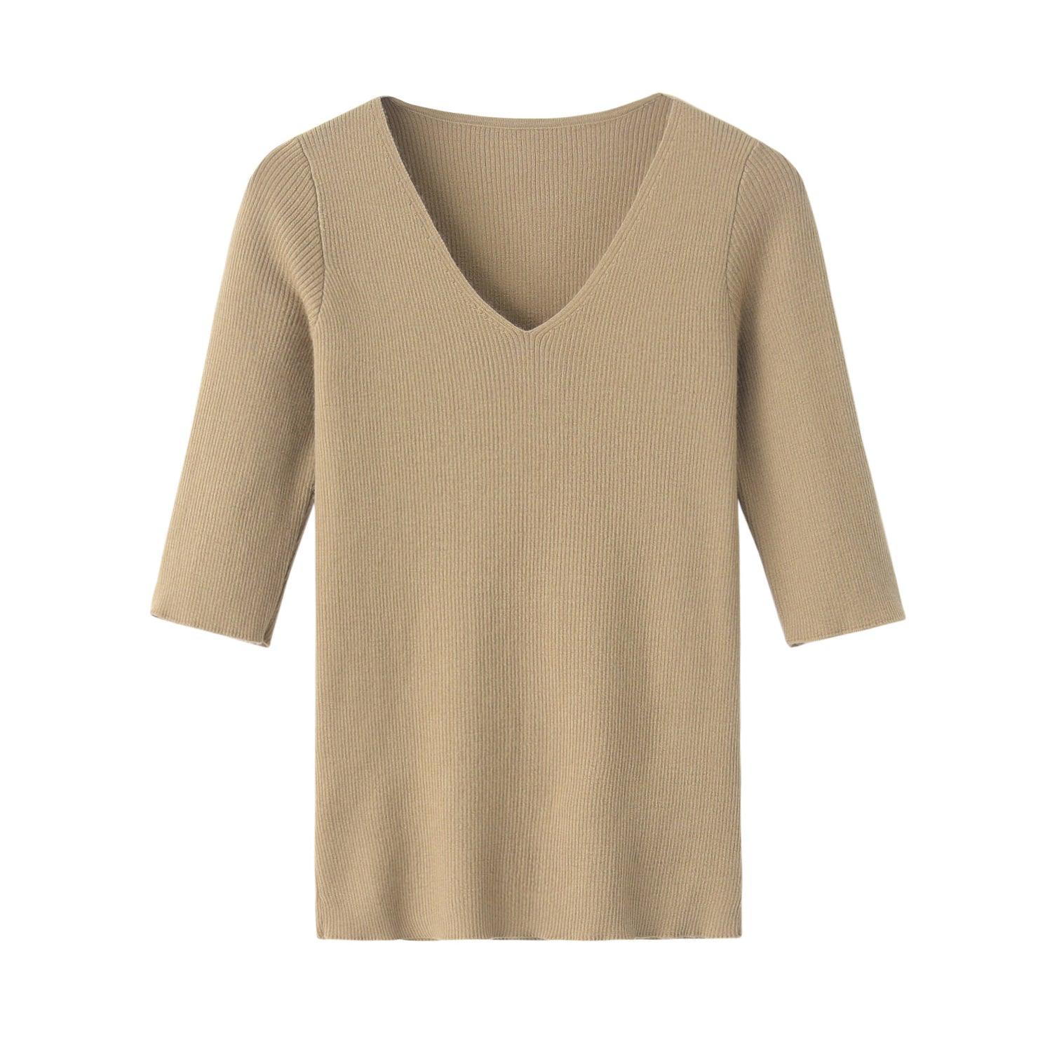 Popular style of pure cashmere worsted knitted V-neck 5/5 half sleeve S/S collection for lady's pullover - Lamycashmere