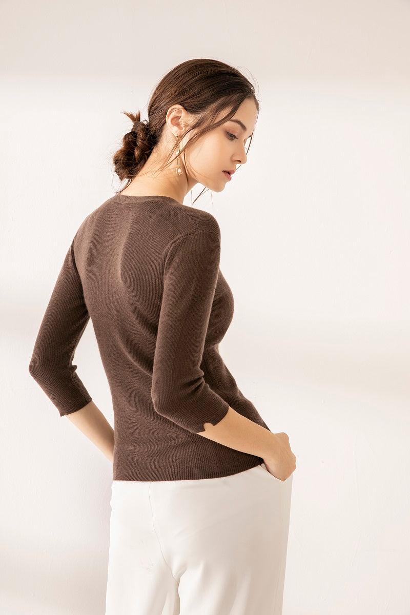 Softest cashmere worsted half sleeve V-neck sweater - Lamycashmere