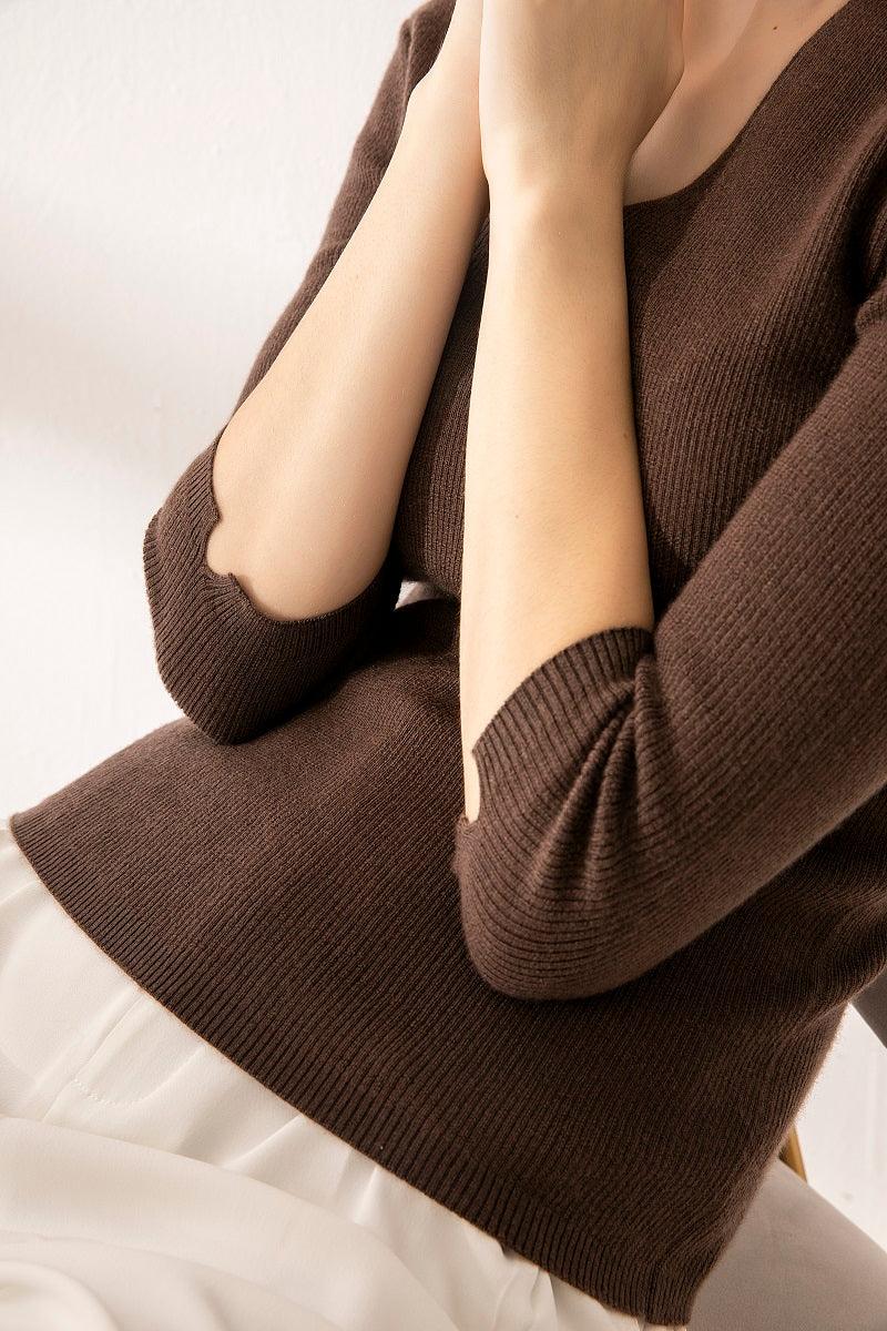 Softest cashmere worsted half sleeve V-neck sweater - Lamycashmere