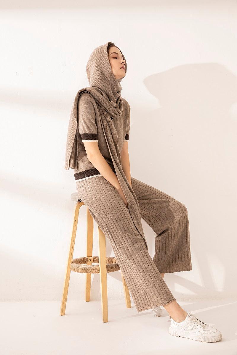 Special color mix 100 pure cashmere knitted V-neck and loose pants suits - Lamycashmere