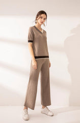 Special color mix 100 pure cashmere knitted V-neck and loose pants suits - Lamycashmere