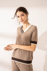 Special color mix 100 pure cashmere knitted V-neck and loose pants suits - Lamycashmere