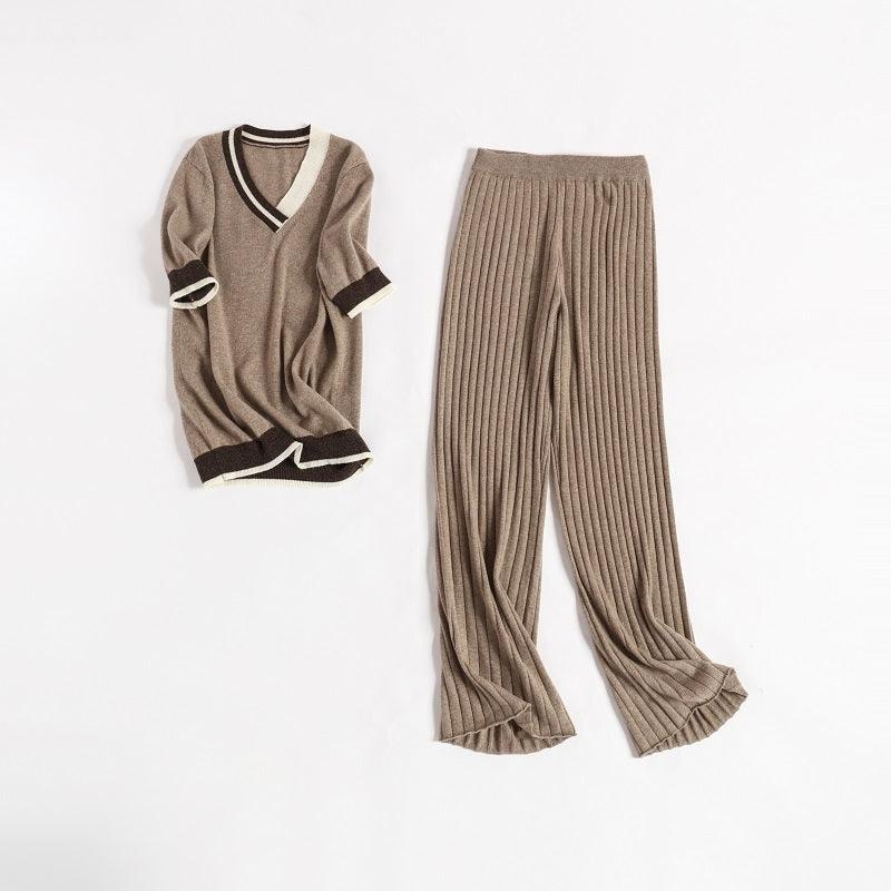 Special color mix 100 pure cashmere knitted V-neck and loose pants suits - Lamycashmere