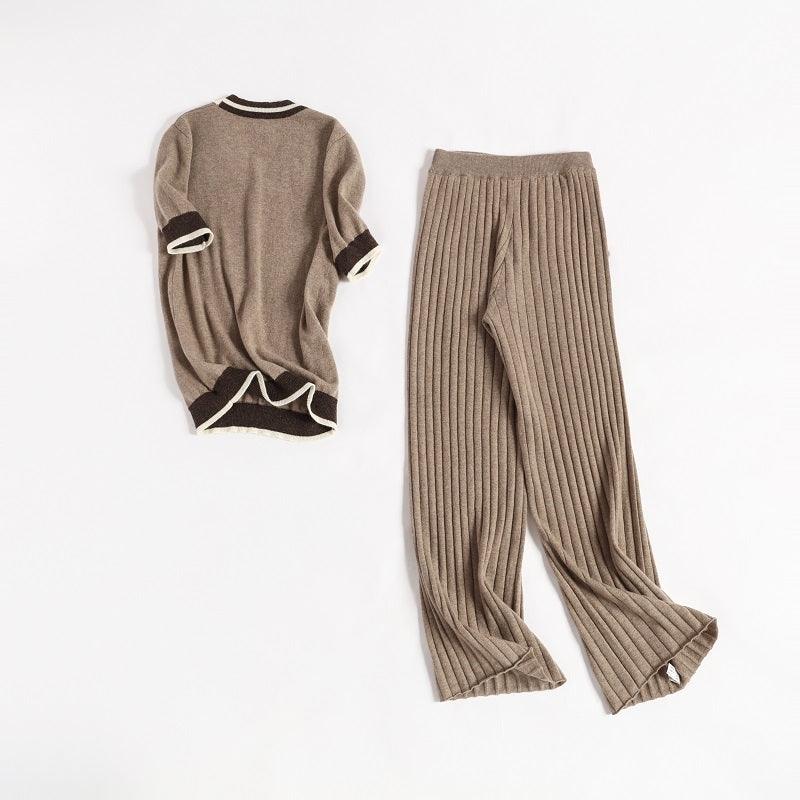 Special color mix 100 pure cashmere knitted V-neck and loose pants suits - Lamycashmere