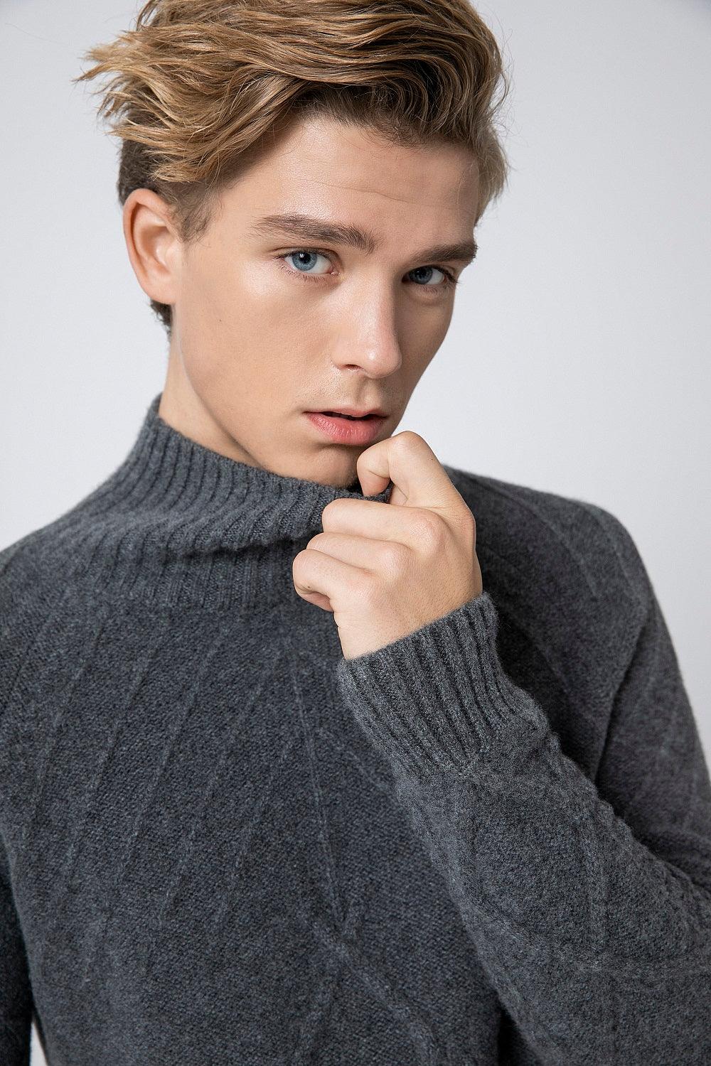 Turtleneck 100 cashmere knitted cable sweater for men - Lamycashmere