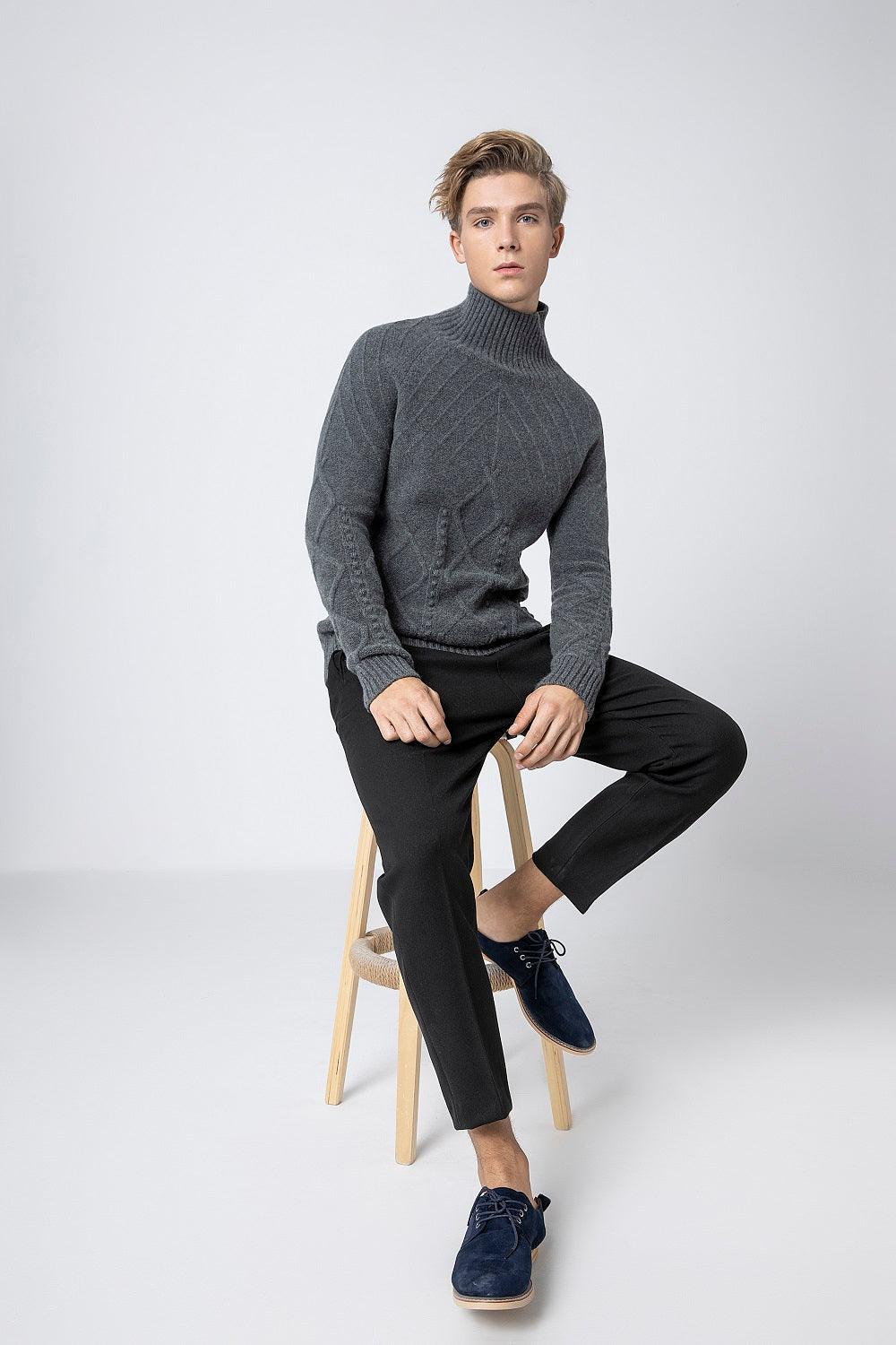 Turtleneck 100 cashmere knitted cable sweater for men - Lamycashmere