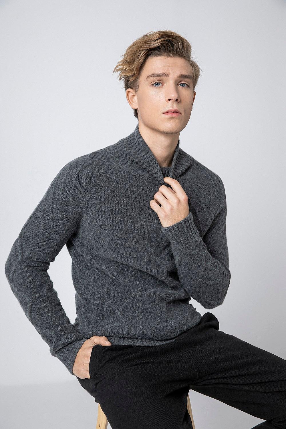 Turtleneck 100 cashmere knitted cable sweater for men - Lamycashmere