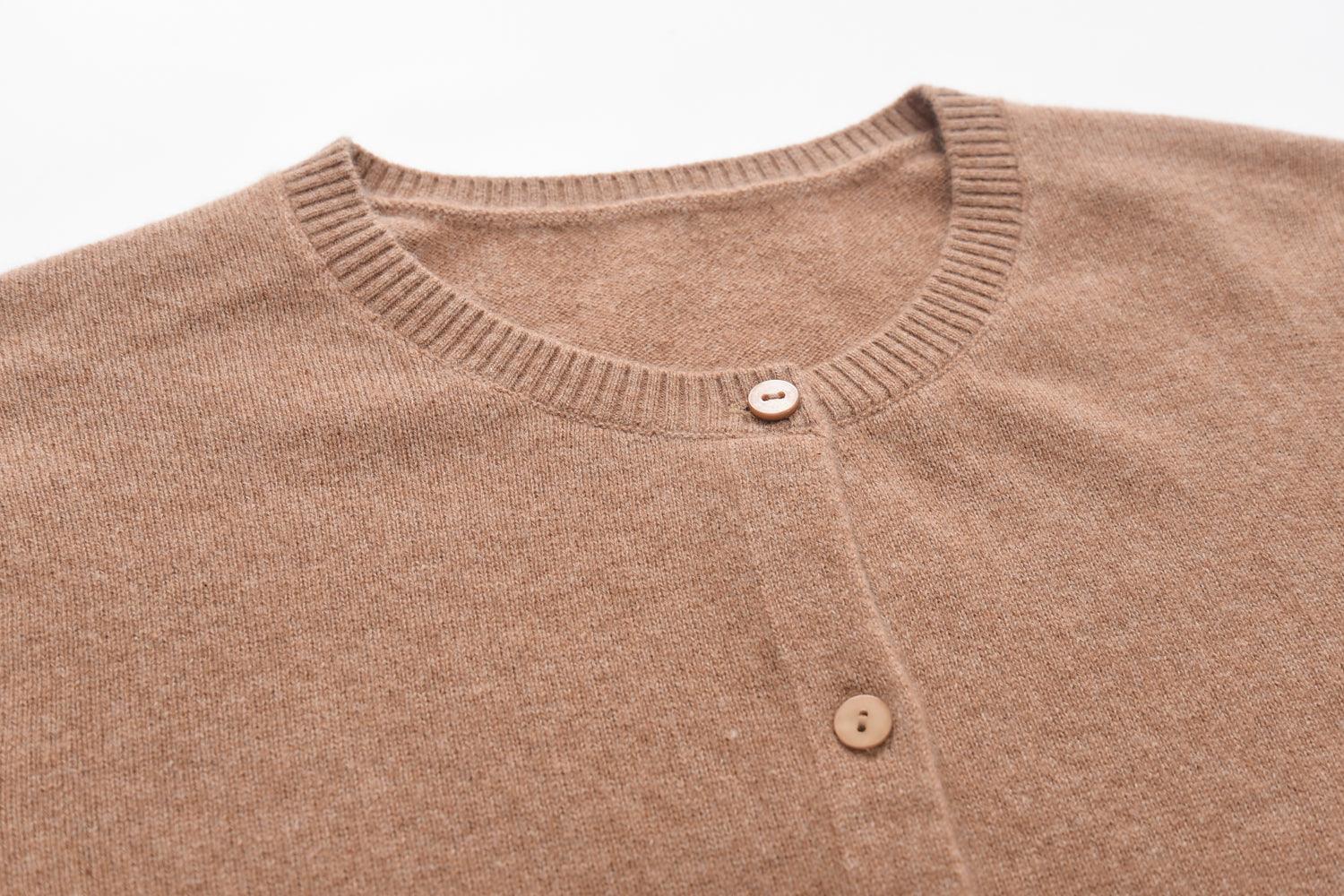 warmly highest quality cashmere factory price for pure cashmere camel color round neck cardigan with nature shell button - Lamycashmere