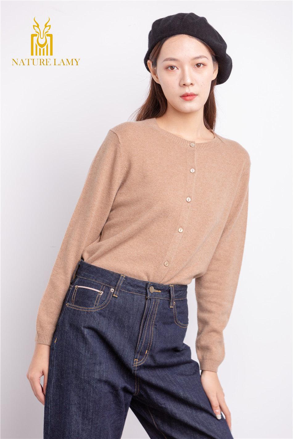 warmly highest quality cashmere factory price for pure cashmere camel color round neck cardigan with nature shell button - Lamycashmere