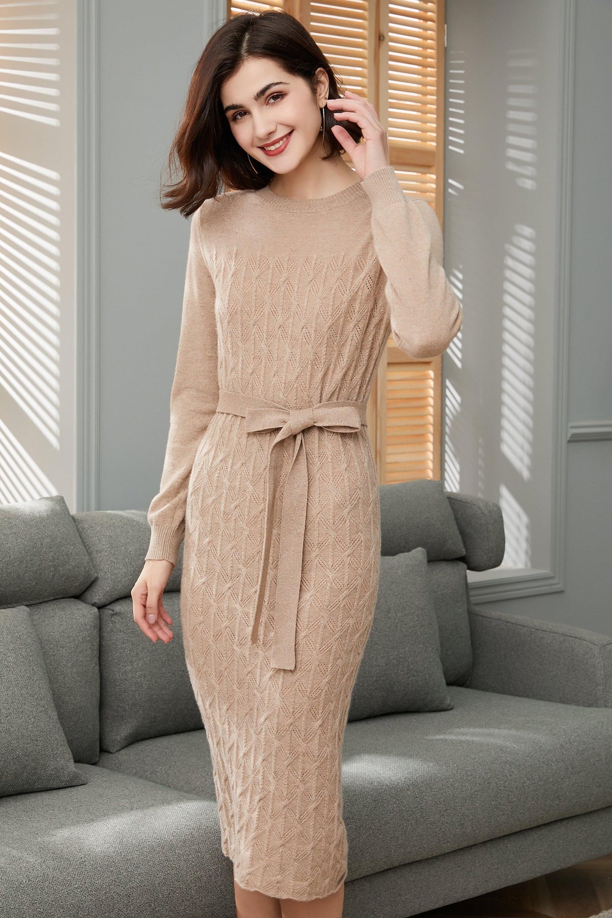 women's soft 100 percent cashmere knitted long dress of long sleeve - Lamycashmere